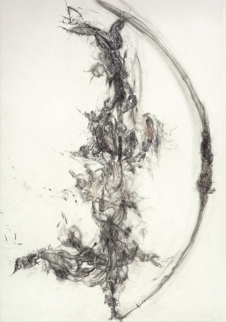 Sylvie Testamarck, «Faire flèche», 2010, crayons, fusain et encre de Chine sur papier, 16 X 81 cm © S. Testamarck